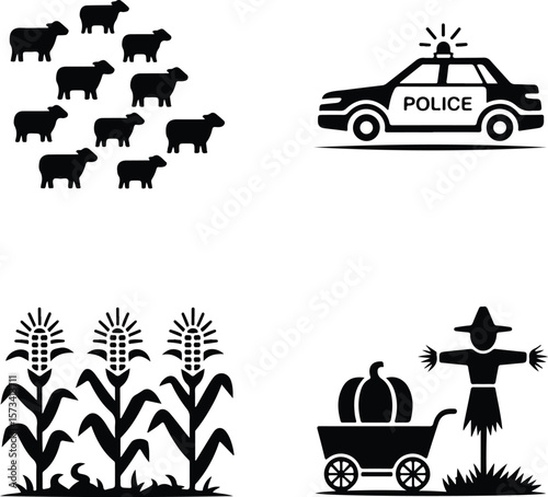 Black silhouette icons of sheep police car corn and scarecrow