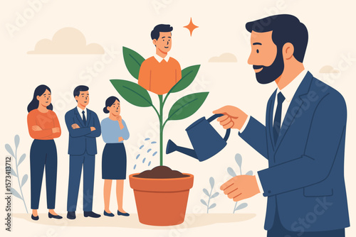 Human resources metaphor for talent development. Manager coaching and training staff for career growth. Businessman watering employee plant to improve skills and potential.