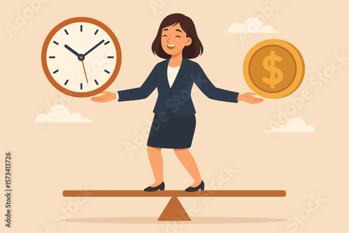 Businesswoman balancing time and money on seesaw. Work life balance, decision making, time management, investment, savings, financial planning, career success concept.