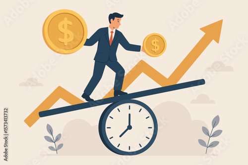 Time value of money concept. Businessman investor balancing money and time on clock. Financial growth, investment strategy, inflation, earning cost, value over time, profit increase