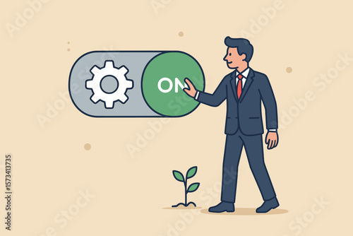 Businessman Activating On Switch for Growth, Startup Launch, Change Management, Business Settings, Innovation, New Beginning, Success, Leadership, Progress Concept Illustration