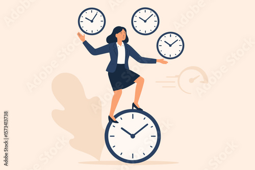 Businesswoman Juggling Clocks Time Management Efficiency Productivity Concept, Project Scheduling, Fast Work, Control Timeline, Multitasking, Deadline, Corporate Success