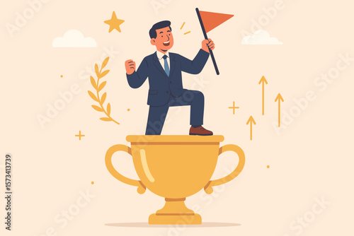 Business achievement success concept. Confident businessman in suit standing on golden trophy cup holding flag. Leadership, victory, career triumph, motivation, award winner illustration.