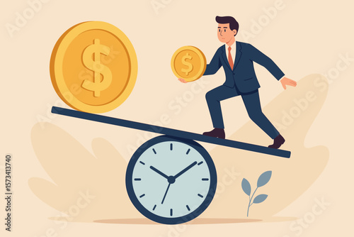Time Value of Money Concept, Businessman Balancing Coins and Clock, Financial Investment, Inflation, Earning Cost, Present Versus Future Value, Economic Decision Making