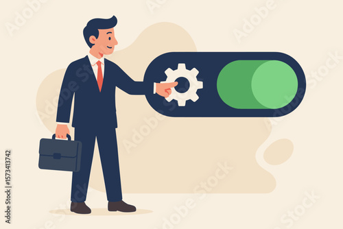 Businessman pushing a switch to the on position. Concept for starting a business, paradigm shift, changing strategy, activation, settings, preferences and improvement.