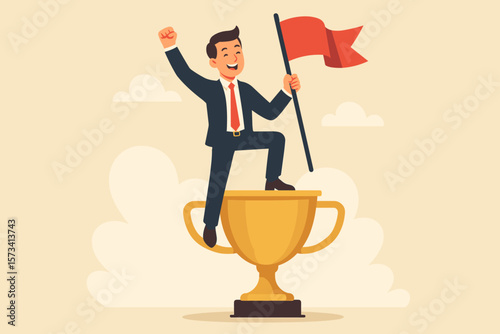 Business success achievement, leadership victory, career triumph, award-winning businessman standing on trophy, holding red flag, motivation, determination, celebration concept