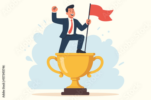 Businessman Standing on Trophy Holding Flag Celebrating Success, Leadership Achievement, Career Triumph, Motivation, Award Winner, Determination, Victory Concept Illustration