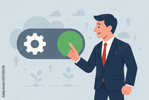 Businessman Activates Settings Switch for Innovation, Change Management, Startup Launch, Paradigm Shift, Business Improvement, Modern Technology, Growth, Success Concept