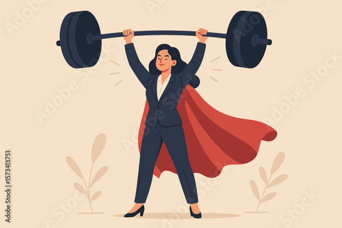 Powerful businesswoman superhero lifting barbell, strong female leader, confidence, ambition, success, leadership, pride, empowerment, business champion, motivation concept