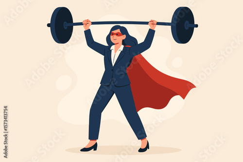 Powerful businesswoman superhero lifting barbell, female leader strength, ambition, confidence, success, empowerment, motivation, business champion, leadership concept