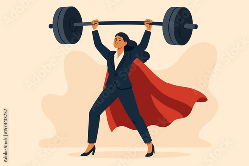 Confident businesswoman superhero lifting barbell, leadership strength, female power, ambition, success, empowerment, pride, effort, champion, motivation, career achievement