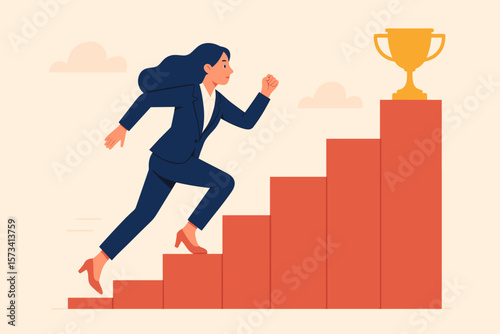 Ambitious businesswoman running up career growth steps to reach trophy, success, motivation, achievement, leadership, goal setting, professional development, ambition concept