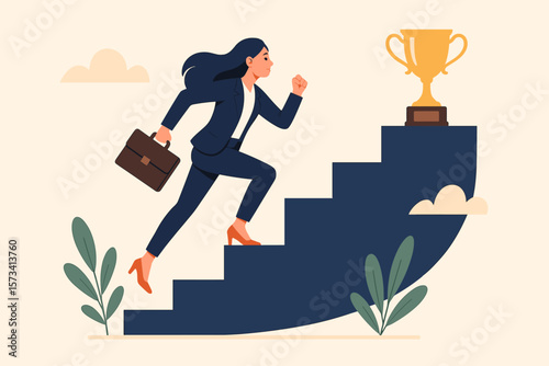 Ambitious businesswoman climbing stairs to success, career growth motivation, achievement goal, leadership, professional woman running upward, ambition, trophy reward concept