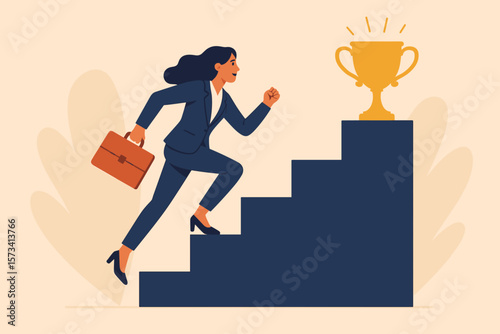 Ambitious businesswoman climbing stairs to success, career growth motivation, achieving goals, professional development, leadership, ambition, reaching trophy, workplace achievement