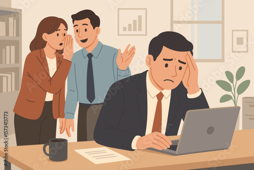 Office gossip and workplace bullying concept. Business colleagues whispering rumors, spreading misinformation, talking behind coworker’s back, causing stress at work desk.