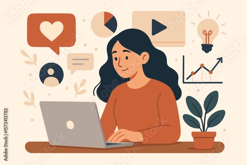 Woman works on laptop, digital marketing concept with icons. Social media management, business data analysis, creative idea. Female freelancer or content creator at her desk.