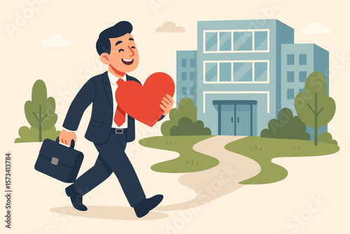 Motivated businessman holding heart symbol, briefcase walking to office, passion for work, career success, love your job, employee engagement, workplace happiness concept