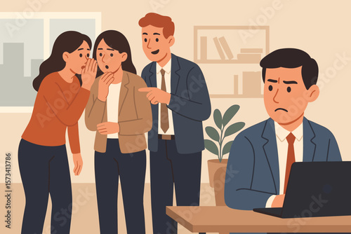 Workplace gossip and bullying. Office rumor and chatter. Business people talking behind back. Employee exclusion, social isolation and harassment. Toxic work environment. Sad colleague.