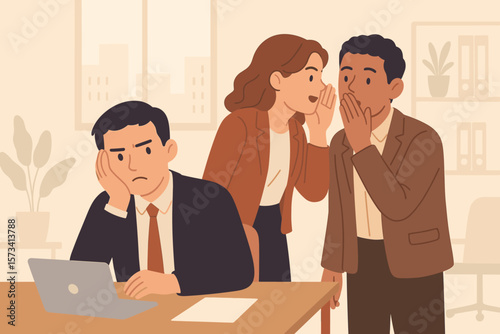 Office gossip and workplace bullying concept. Business colleagues whispering rumors, spreading misinformation, talking behind coworker’s back, toxic work environment, stress at work