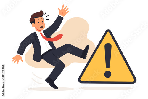 Businessman stumbling by warning sign. Concept of business risk, failure, danger, financial crisis. Unforeseen problem, challenge, corporate hazard alert. Mistake metaphor.