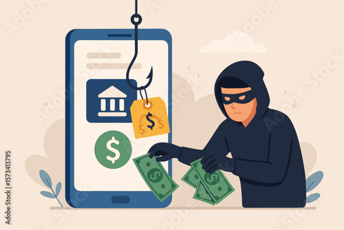 Mobile banking scam, phishing concept. Hacker stealing money from a smartphone. Financial fraud, cyber security threat. Online payment theft, internet crime vector illustration.