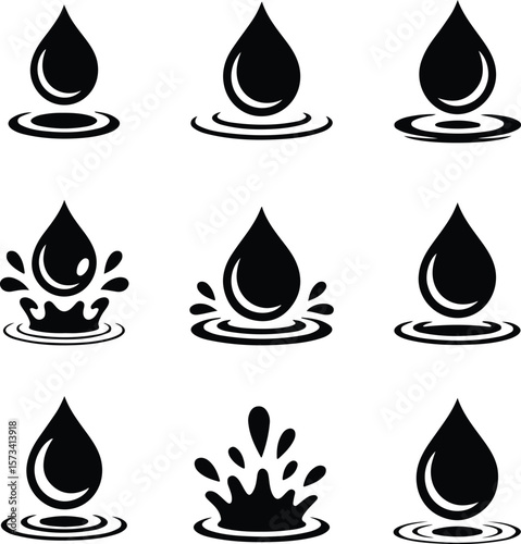 Black Water Drop Icons with Ripples and Splashes droplet