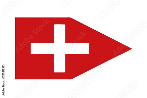 Red geometric shape with a black cross symbol on a black background