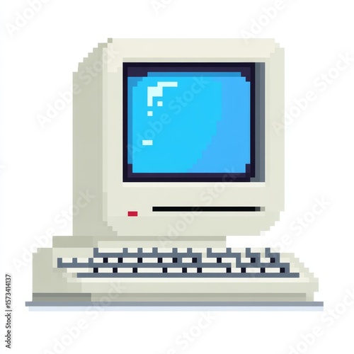Retro pixelated computer with a blank blue screen and attached keyboard evokes nostaia for early personal computing on a clean white background design.