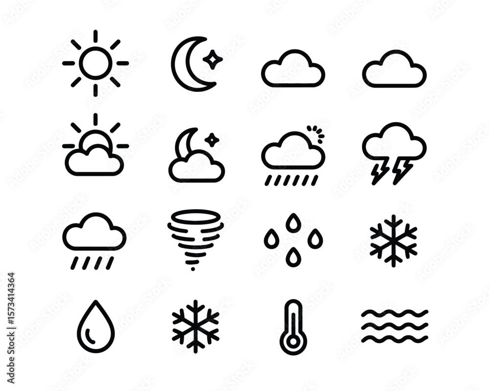 Obraz premium Minimalist Weather Icon Set – Clean Line Art Symbols of Sun, Rain, and Storm