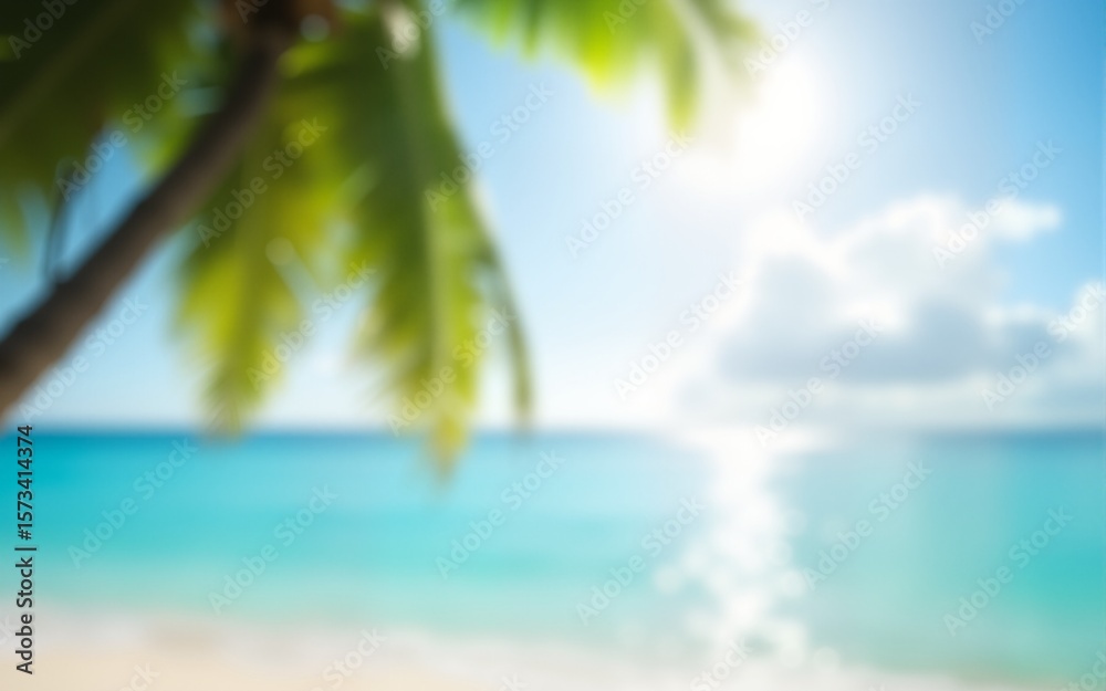 Obraz premium Abstract seascape with palm tree, tropical beach background. blur bokeh light of calm sea and sky. summer vacation background concept. High quality