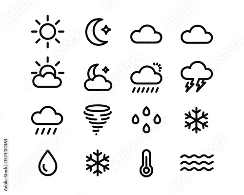 Minimalist Weather Icon Set – Clean Line Art Symbols of Sun, Rain, and Storm