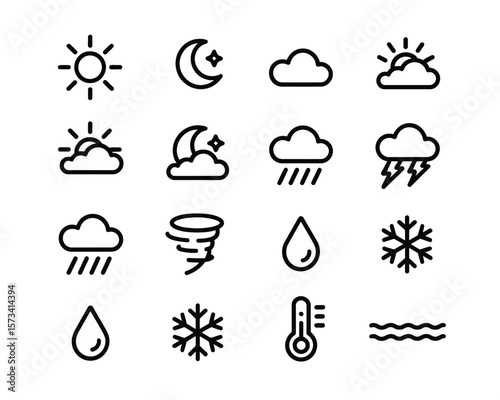 Climate Symbols – 16 Simple Black Line Weather Illustrations