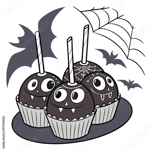 Cute halloween cake pops decorated as spooky monsters with fangs and eyes sit on a platter with bats and a spider web in the background