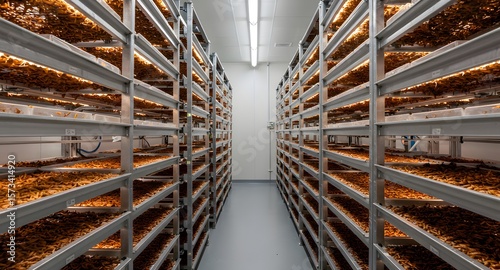 Scientist in protective gear inspecting a storage facility filled with edible insect products, showcasing sustainable food production and alternative protein sources for a growing population.