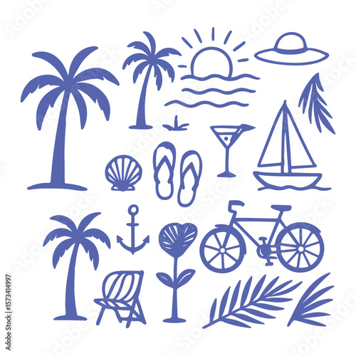 Beach Vacation Icon Set – Blue Vector Illustrations of Palm Trees, Sun, Sailboat, Flip-Flops, Cocktail, Bicycle, and Tropical Elements for Summer and Travel Themes