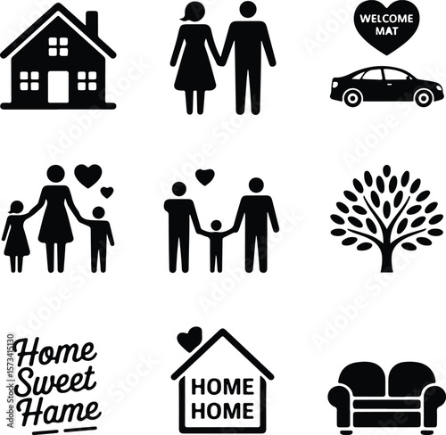 Collection of black home and family icons home icon