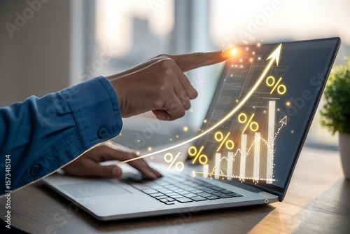 Business graph with percentage, special offer of shopping department store discount and tax concept, adjusting interest rates, raising interest rates to fight inflation, returns on investments.