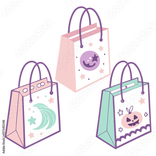 Three adorable pastel colored gift bags with cute halloween and celestial themed illustrations including a jack o lantern moon and crescent moon perfect for trick or treat