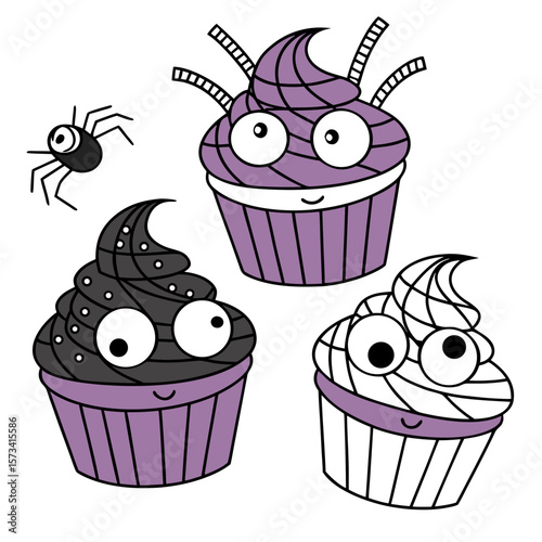 Cute halloween cupcakes featuring a spider a mummy cupcake a monster cupcake with antennae and a black cupcake with white polka dots all with googly eyes and smiling faces on a white background