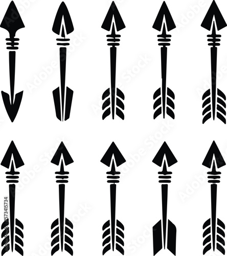 Collection of ten black tribal arrow icons symbol graphic