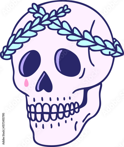 tattoo in traditional style of a skull with laurel wreath crown in bright neon color