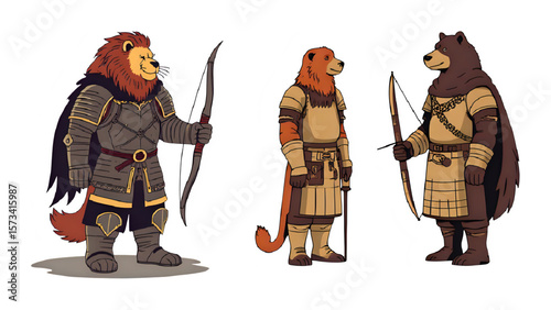 A creative rendering displays anthropomorphic lion, otter, and bear characters in medieval attire, suitable for game design, storytelling, or fantasy project design elements.
