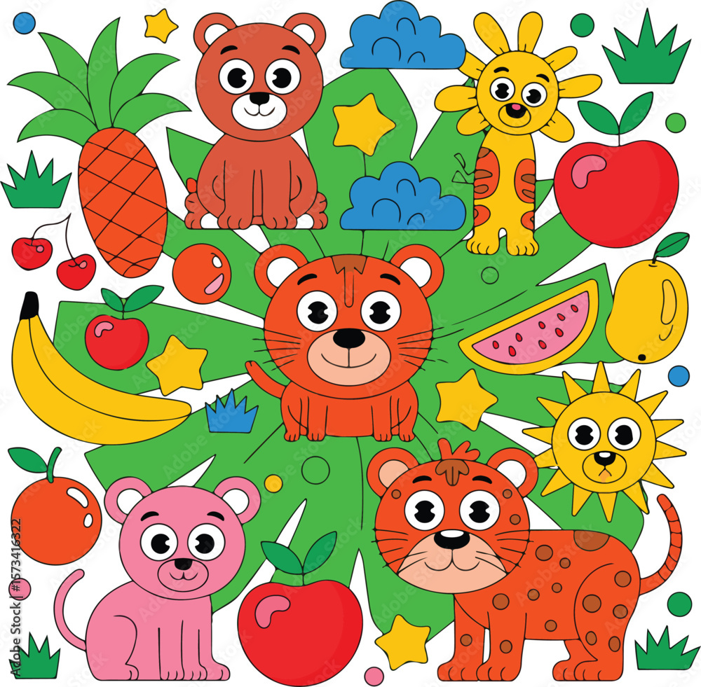 Naklejka premium Cute cartoon animals and fruits jungle theme vector