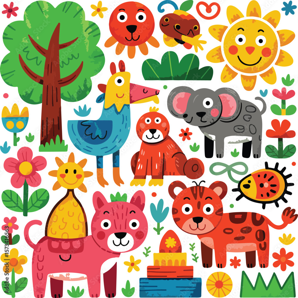 Naklejka premium Cute cartoon animals and nature elements illustration 1