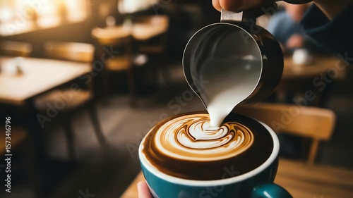 Latte art creation in cafe setting Milk poured into espresso, forming heart design Coffee aroma, cafe ambiance, morning ritual, beverage preparation