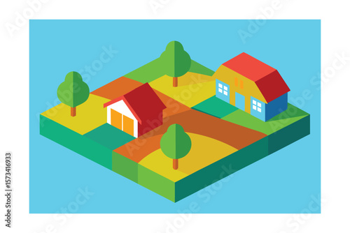 Isometric Farm Landscape With Colorful Plots And Crops