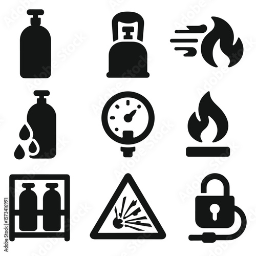 Compressed Gas Safety Icons. Solid style icons of compressed gas safety: gas cylinder icon, valve protection cap, compressed air