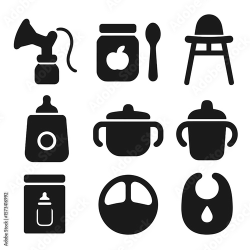 Infant Feeding Icons. Solid style icons of infant feeding: breast pump icon, baby food jar, baby spoon, high chair silhouette,