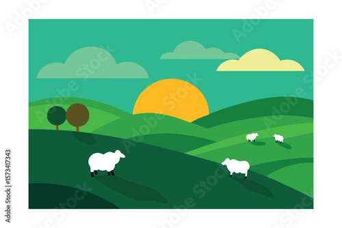 Grazing Sheep On Green Hills During Golden Hour