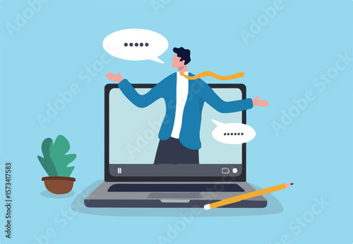 Online video interview, meeting discussion or teaching e-learning, job interview or employment, talk or chat with colleague, conference call, businessman talking on computer laptop online interview